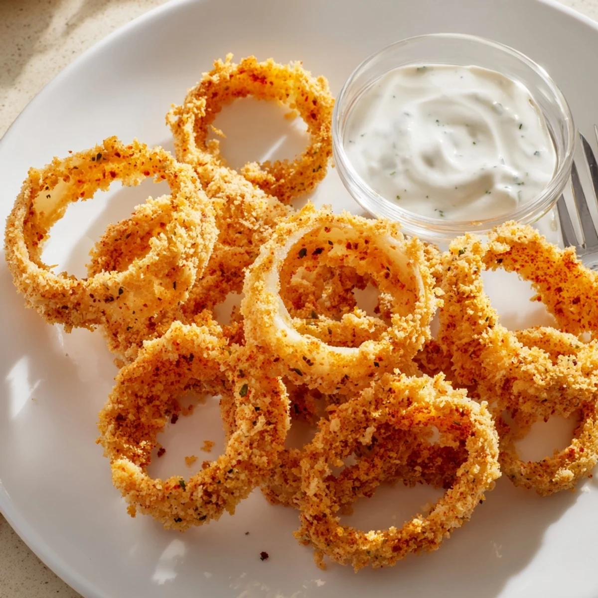 A serving of Crispy Baked Onion Rings with Ranch highlights golden, crunchy texture beside a creamy homemade ranch dressing dip.  