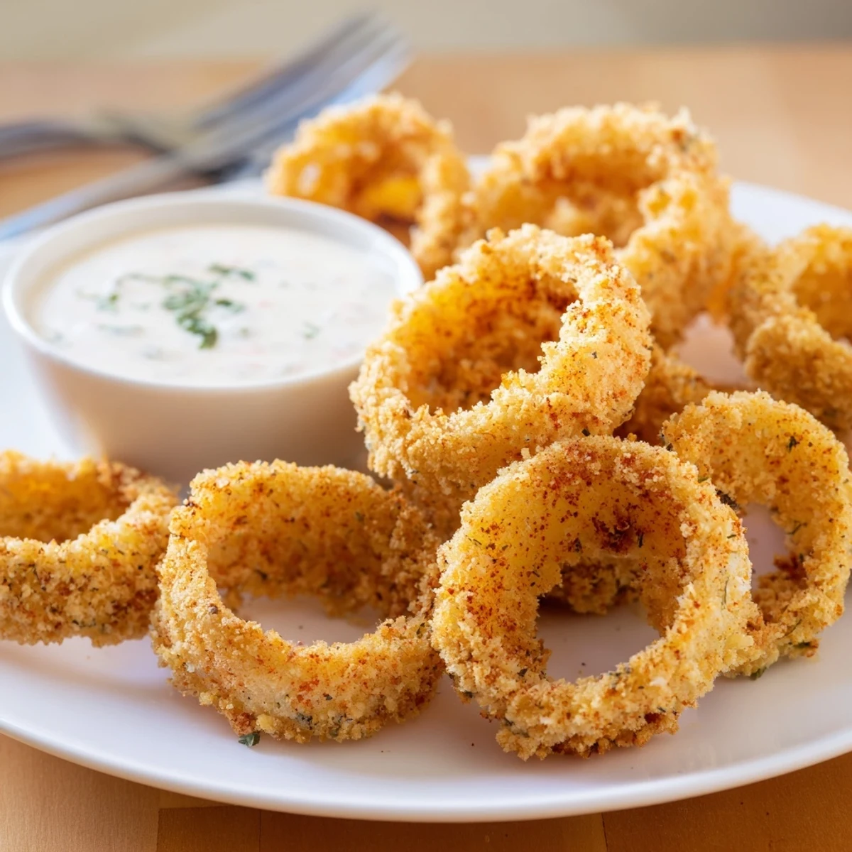 Homemade Crispy Baked Onion Rings with Ranch feature baked, golden rings served hot with a creamy, herb-flecked ranch dip.