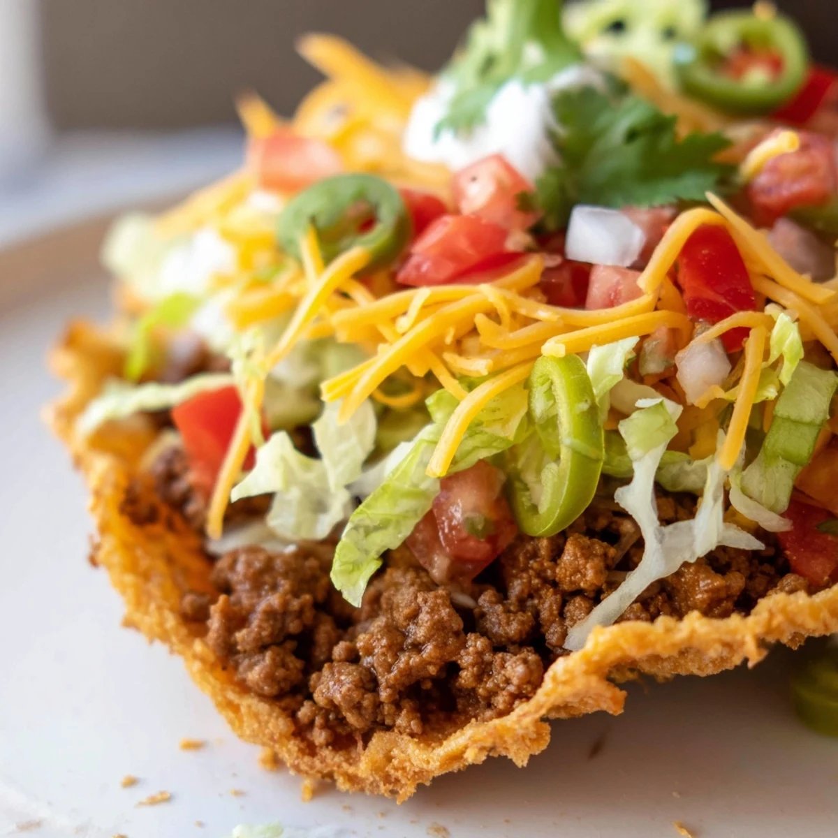 A close-up of fully assembled beef tacos with hard shells, showing colorful veggies and shredded cheese for a classic Mexican-style dinner.