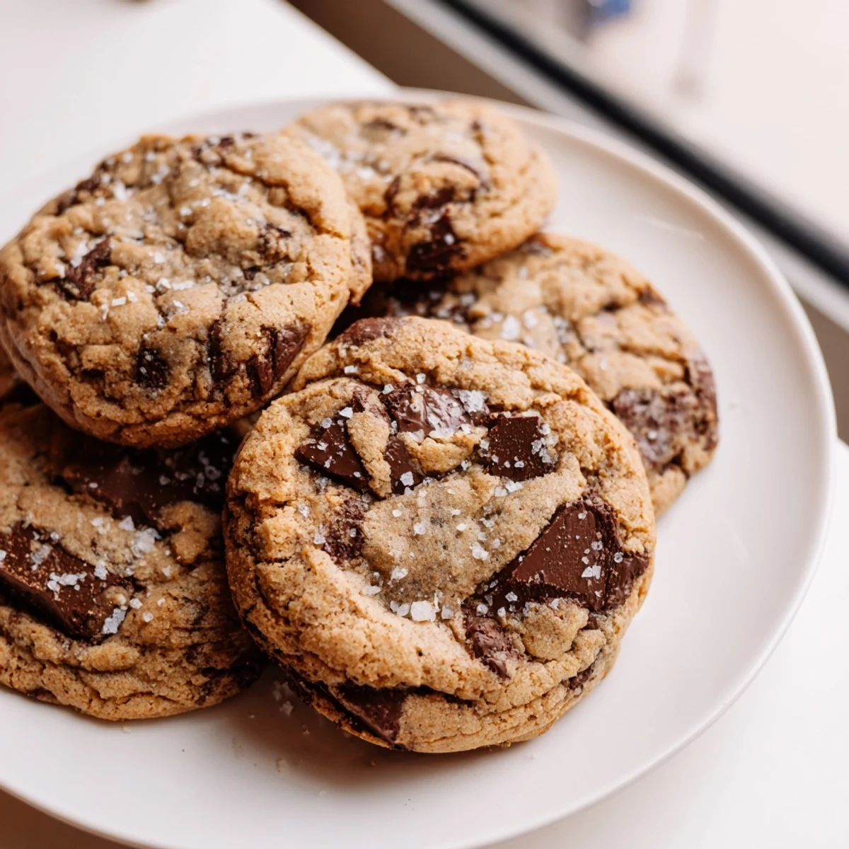 Golden-brown Chocolate Chip Cookies with Sea Salt rest on a cooling rack, showcasing melted chocolate chunks and a light, crisp edge.  