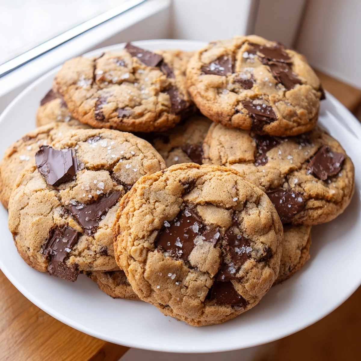 A close-up of warm Chocolate Chip Cookies with Sea Salt reveals gooey centers and delicate salt crystals sparkling on top.  