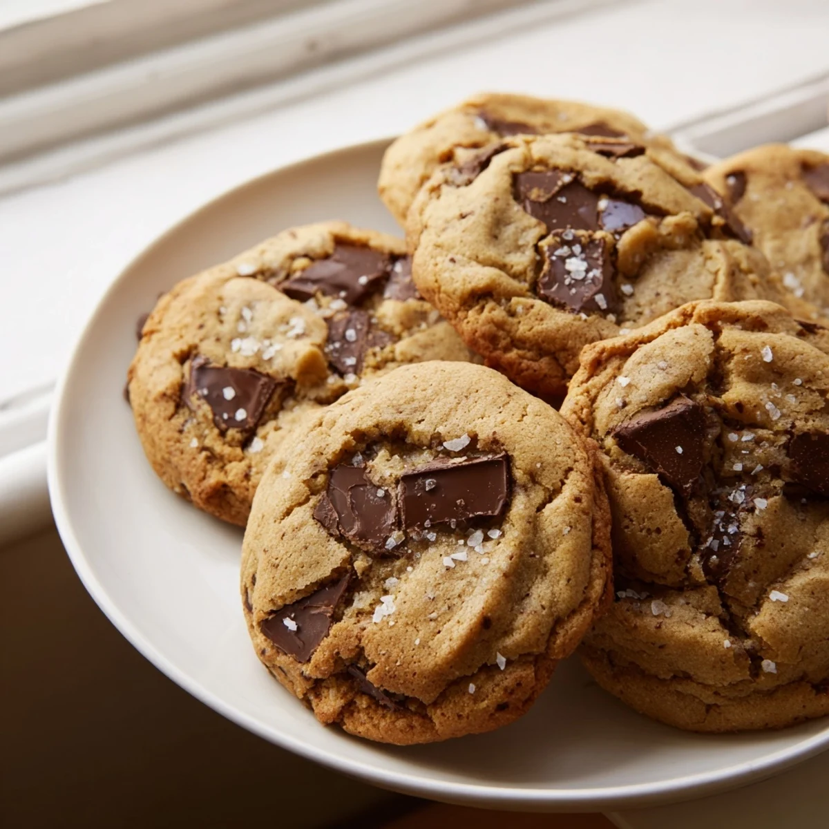 Freshly baked Chocolate Chip Cookies with Sea Salt are stacked on a white plate, ready to be enjoyed with a cold glass of milk.