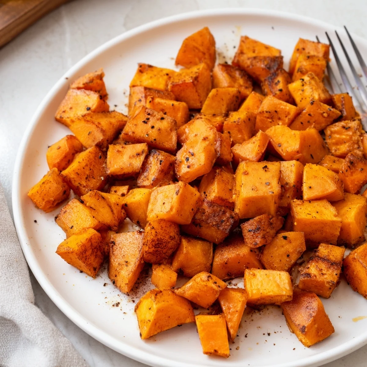 Tender, caramelized roasted sweet potatoes with cinnamon glistening on a rustic baking sheet, ready to serve.