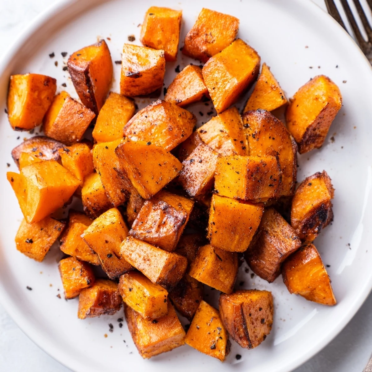 Golden brown roasted sweet potatoes with cinnamon in a white ceramic bowl, garnished with fresh parsley for a flavorful side.