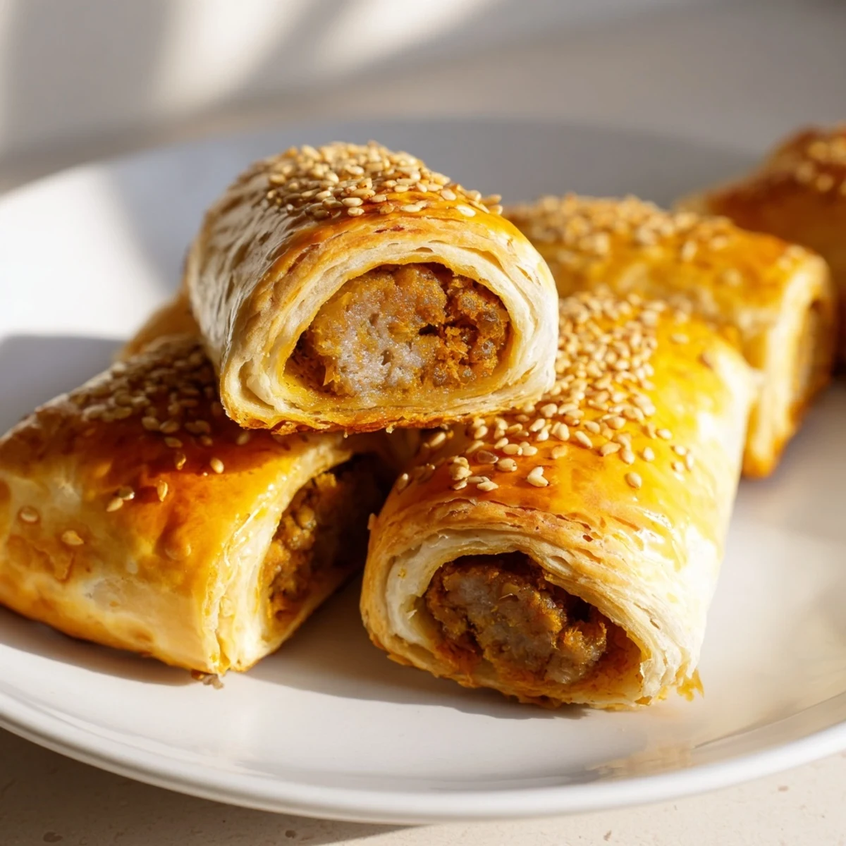 Game Day Sausage Rolls are arranged on parchment with a small bowl of spicy mustard for dipping.