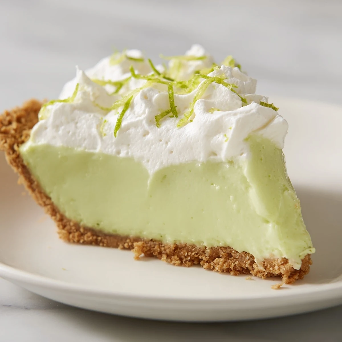 On a rustic wooden table, the bright green key lime pie showcases its smooth texture and glossy surface, perfect for a refreshing summer dessert.