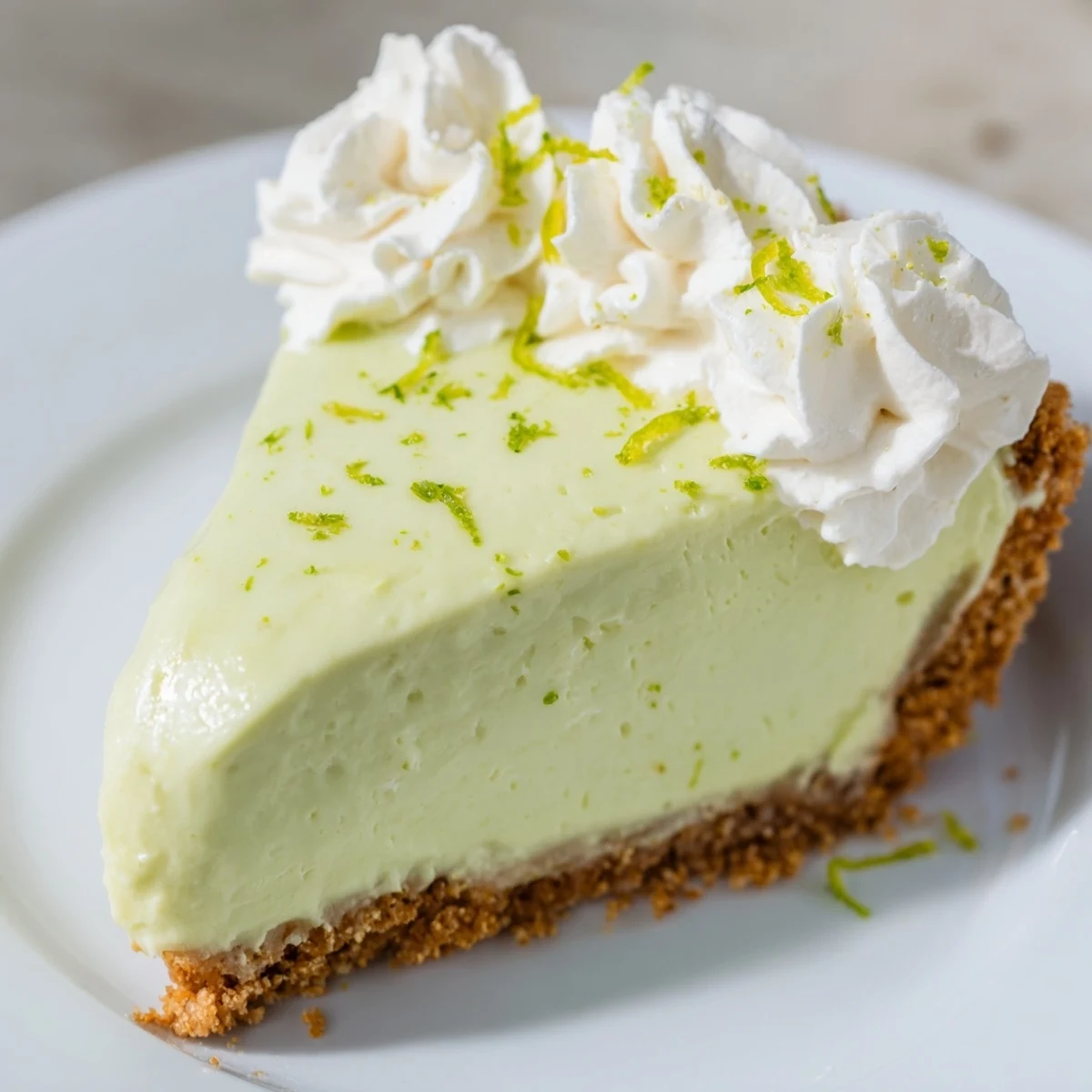 A slice of vibrant green key lime pie reveals a creamy, tangy filling nestled in a crisp graham cracker crust, topped with fluffy whipped cream and a sprinkle of lime zest.
