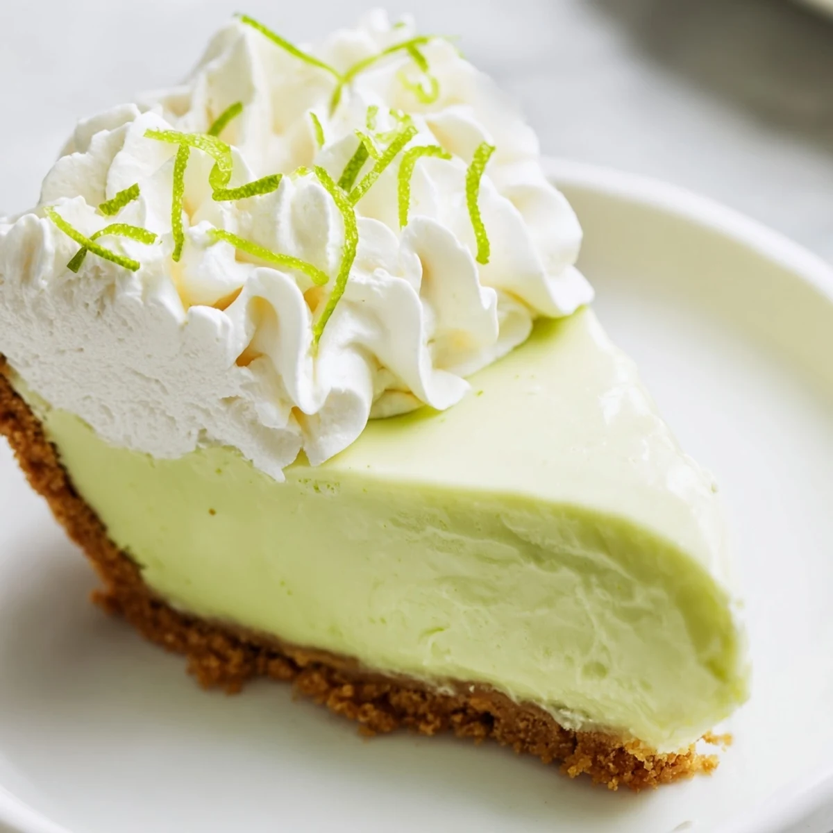 Close-up of a chilled key lime pie with a golden graham cracker crust, a dollop of whipped cream, and fresh lime slices garnishing the top.