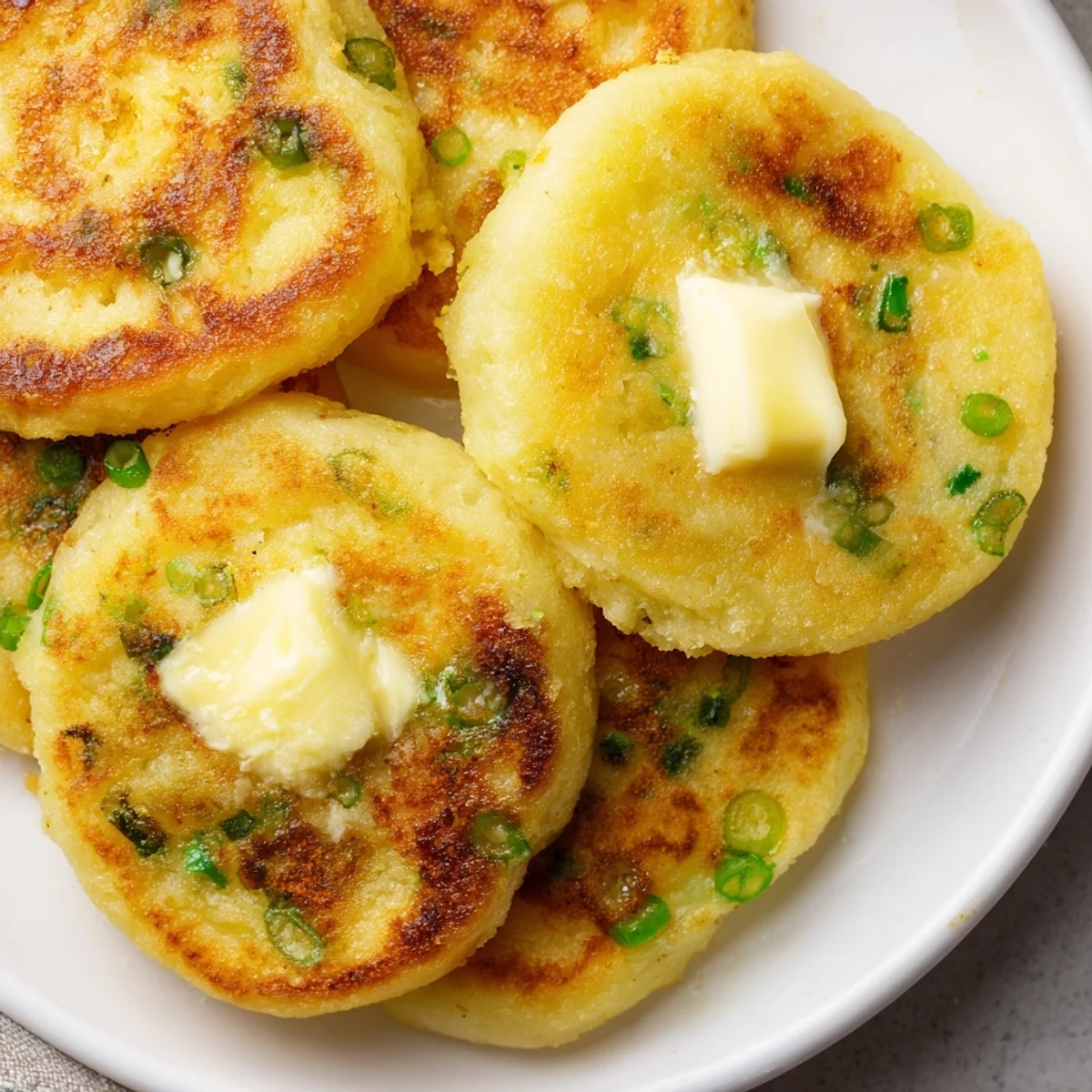 Golden-brown Irish Potato Cakes with Scallions rest on a plate, their crispy edges glistening with melted butter.