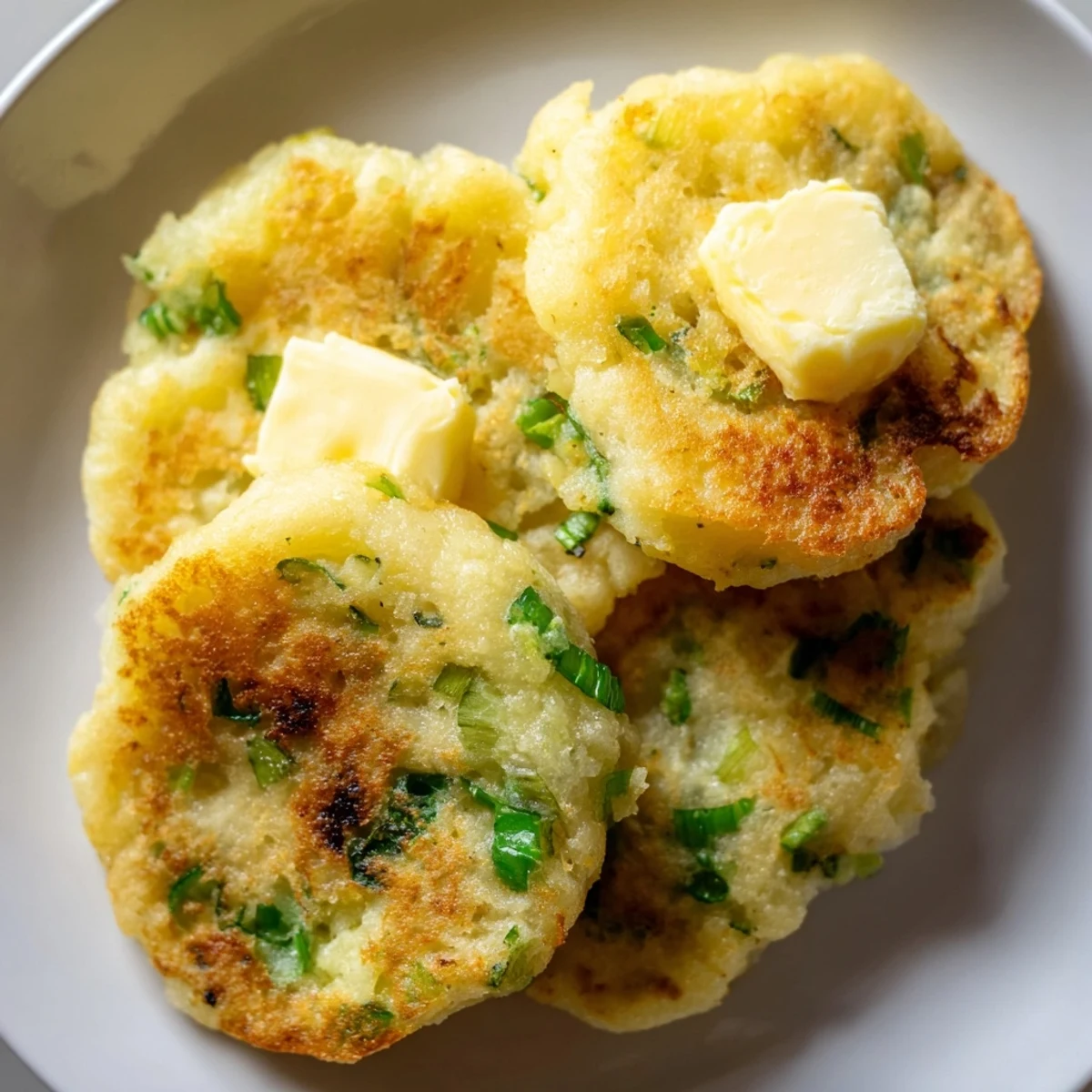 Savory Irish Potato Cakes with Scallions sizzling in a skillet, ready to be served for a comforting breakfast.