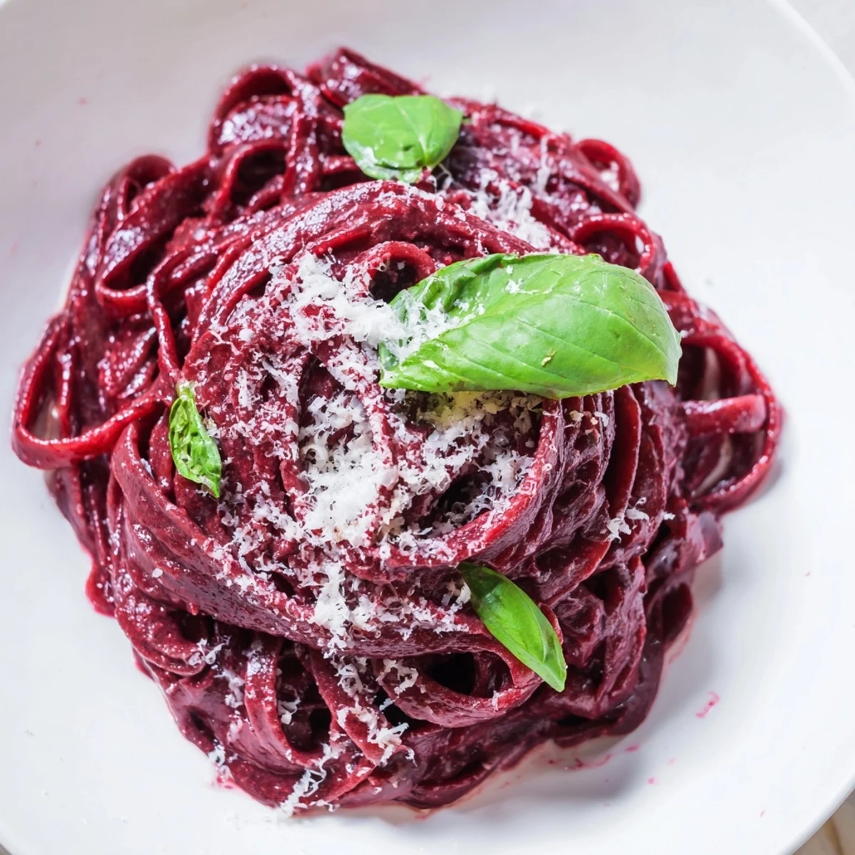 Creamy, vibrant Valentine Pink Pasta with Beet Sauce tossed with fettuccine on a romantic dinner table.