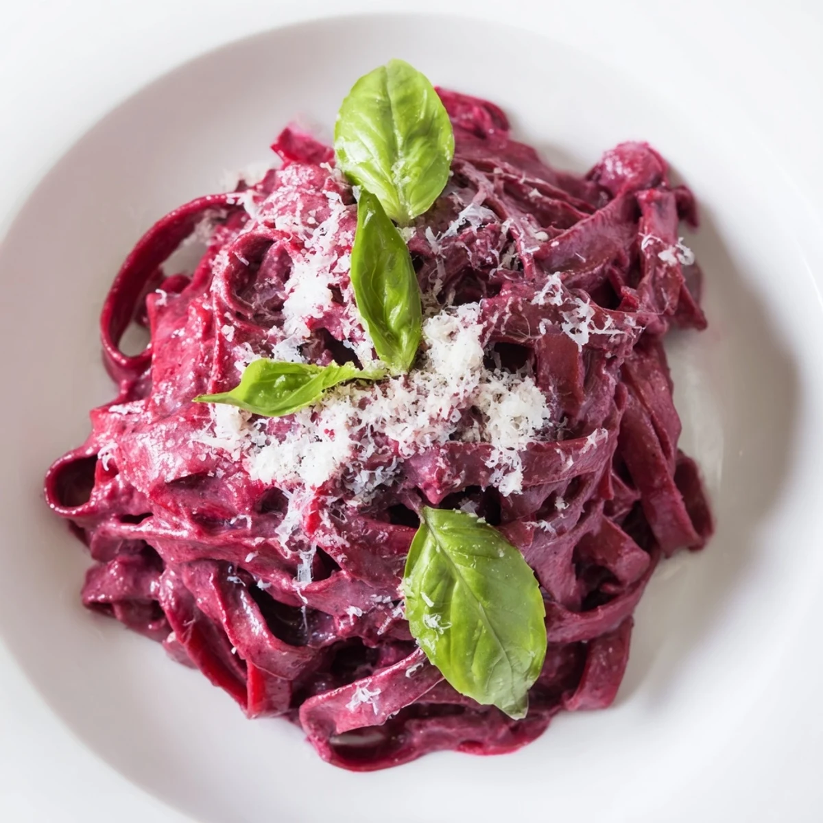 Valentine Pink Pasta with Beet Sauce served in a white bowl, topped with fresh basil and extra Parmesan.
