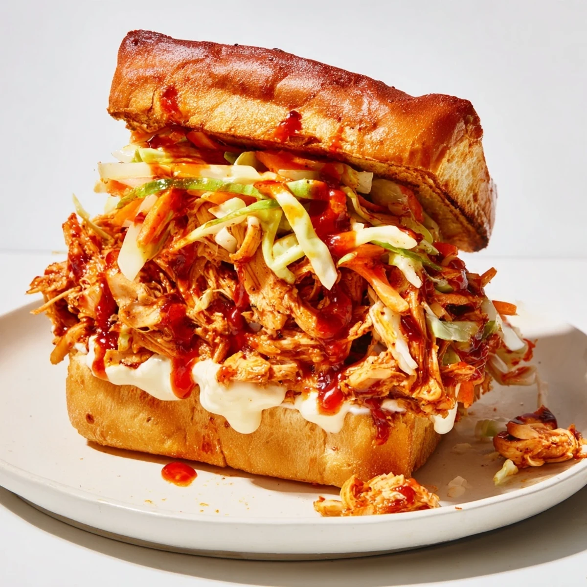 Golden-brown shredded chicken glistening with zesty barbecue sauce, piled onto a toasted bun with crisp, creamy slaw for the ultimate MVP Pulled Chicken Sandwiches.  