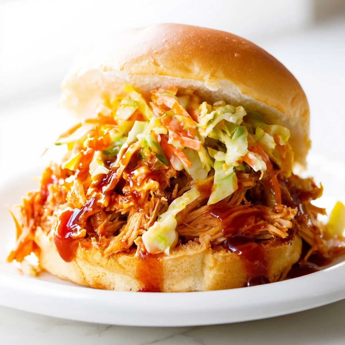 Close-up of tender shredded chicken drenched in smoky barbecue sauce, layered with vibrant orange slaw inside a fluffy brioche roll for a classic American bite.