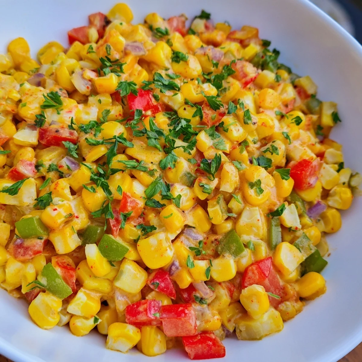 A close-up of vibrant Creole Corn Maque Choux with tender corn, diced bell peppers, and tomatoes in a creamy, warmly spiced sauce.