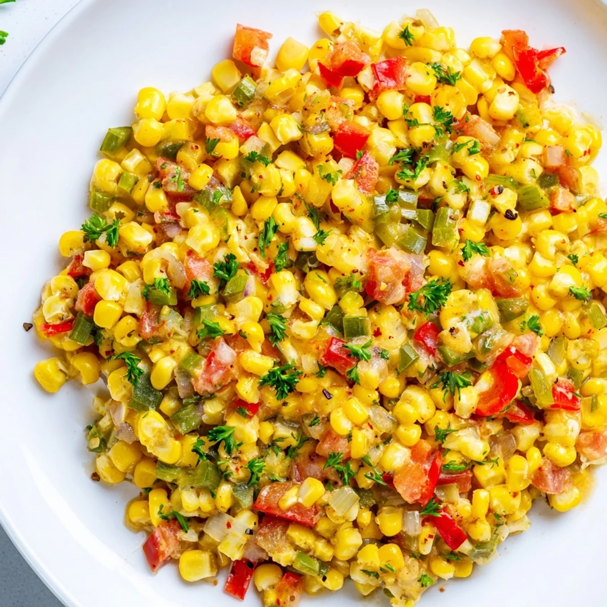 Skillet of Creole Corn Maque Choux simmered in a savory Creole sauce, highlighting sweet corn, bell peppers, and ripe tomatoes.