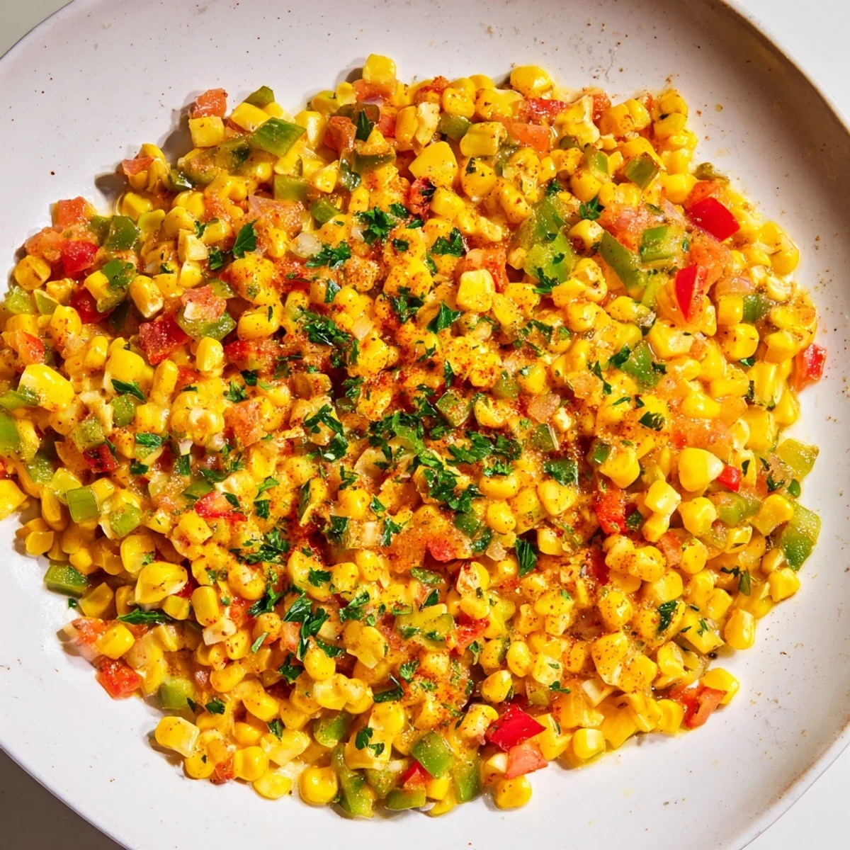 Spoon serving of Creole Corn Maque Choux alongside grilled chicken, garnished with fresh parsley, perfect for a Southern family meal.