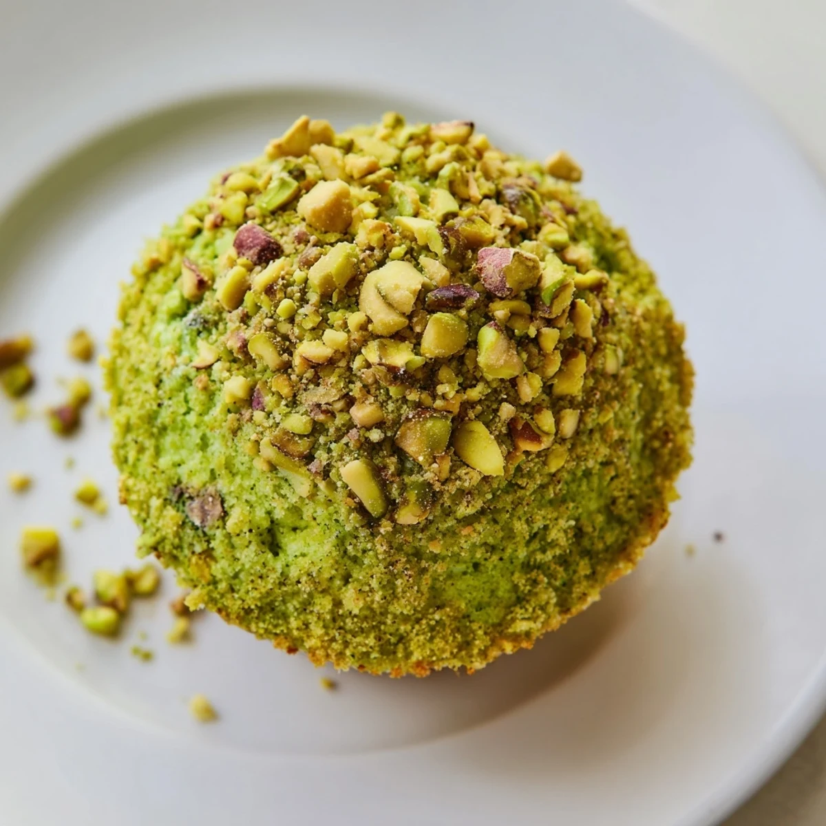 Freshly baked Green Pistachio Muffins with a vibrant green hue and crunchy chopped pistachio topping on a rustic cooling rack.