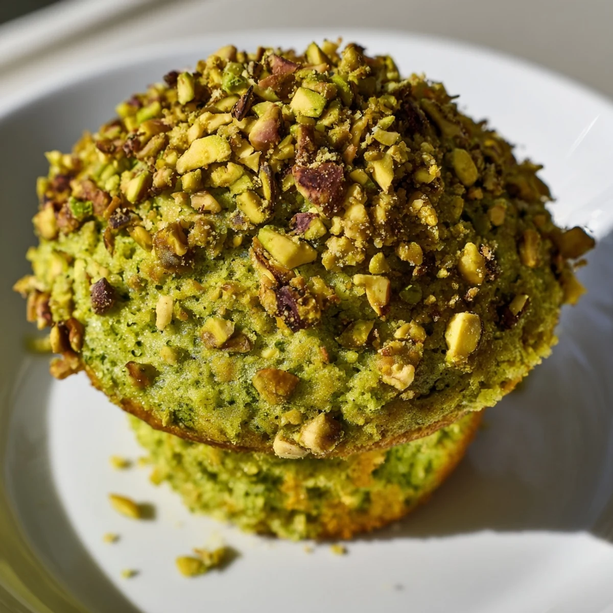A close-up view of moist Green Pistachio Muffins, revealing fluffy interiors and nutty specks, perfect for an afternoon snack or breakfast treat.