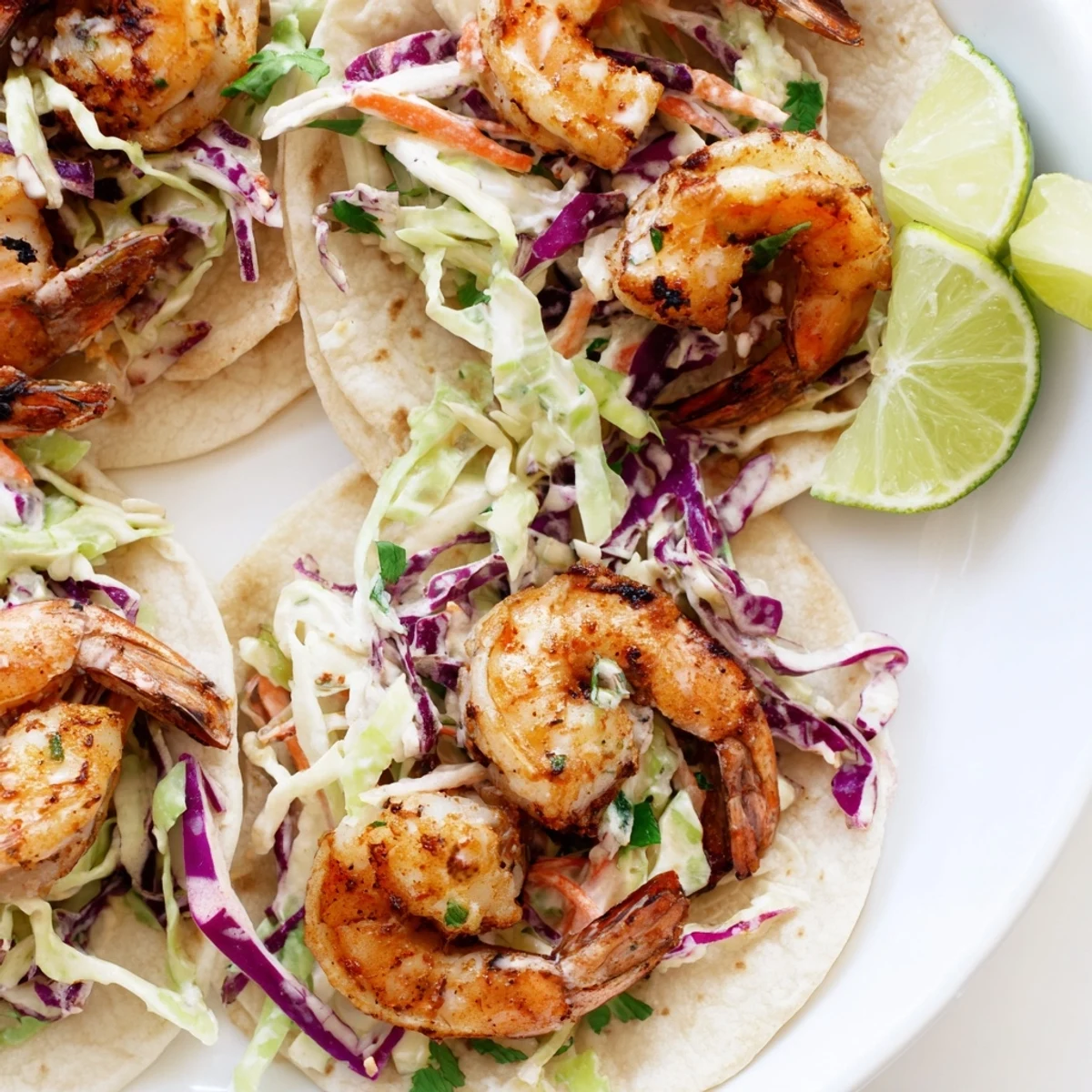 Golden Cajun Shrimp Tacos with Slaw piled high in soft tortillas, garnished with fresh cilantro and lime wedges.