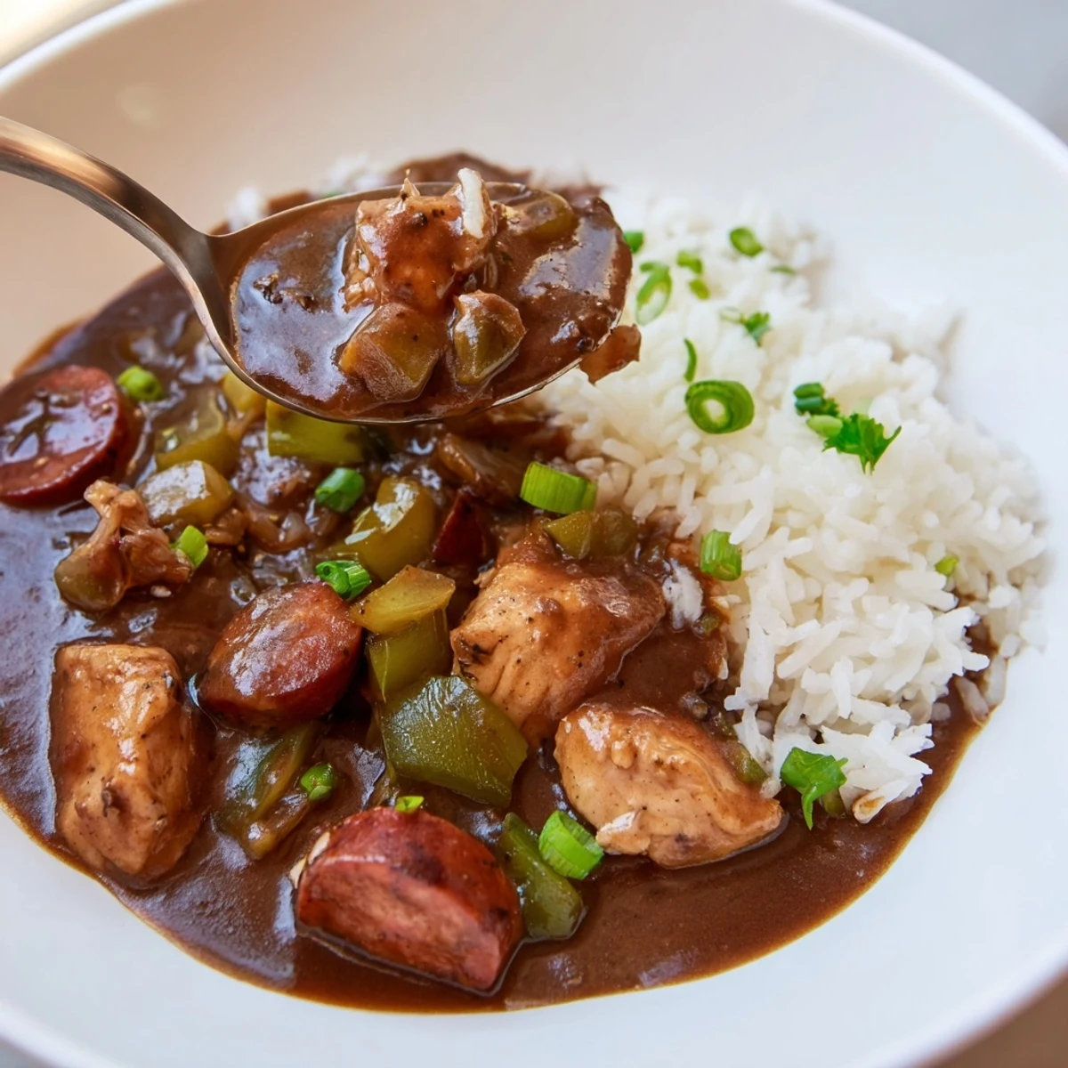 Hearty Mardi Gras Chicken and Sausage Gumbo simmered in a rich, dark roux, served steaming over fluffy white rice.  