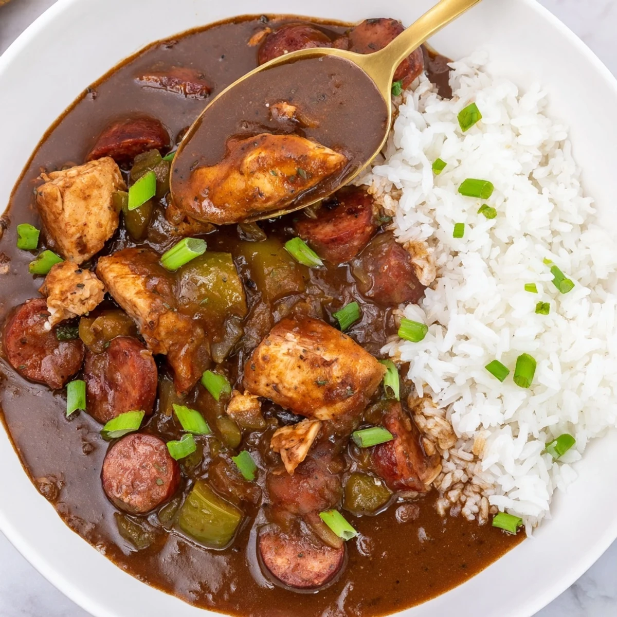 A close-up of Mardi Gras Chicken and Sausage Gumbo, showcasing tender chicken thighs and smoky andouille sausage slices.  