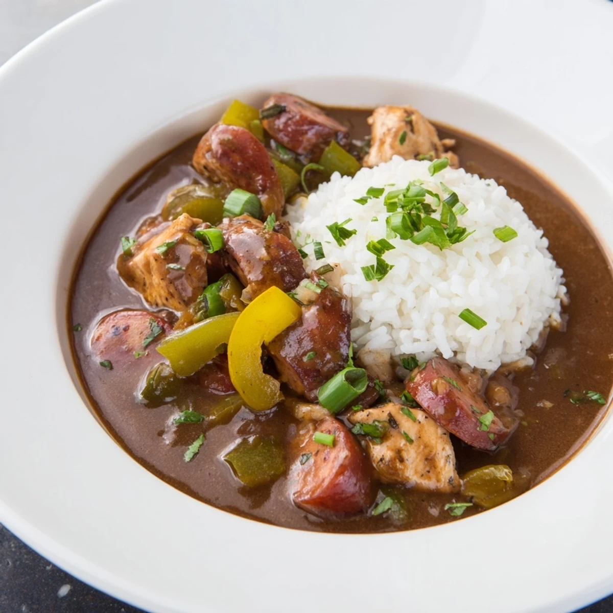 Spicy Mardi Gras Chicken and Sausage Gumbo in a bowl, garnished with fresh scallions and parsley for a festive touch.