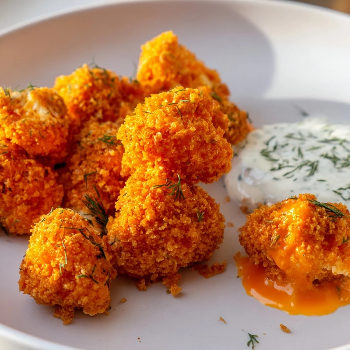 Crispy Buffalo Cauliflower Bites with Ranch piled high on a platter, drizzled with creamy white sauce and fresh herbs for dipping.