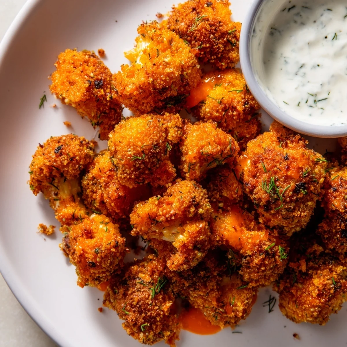Freshly baked Crispy Buffalo Cauliflower Bites with Ranch featuring golden orange florets, chopped chives, and a small bowl of creamy ranch dip.