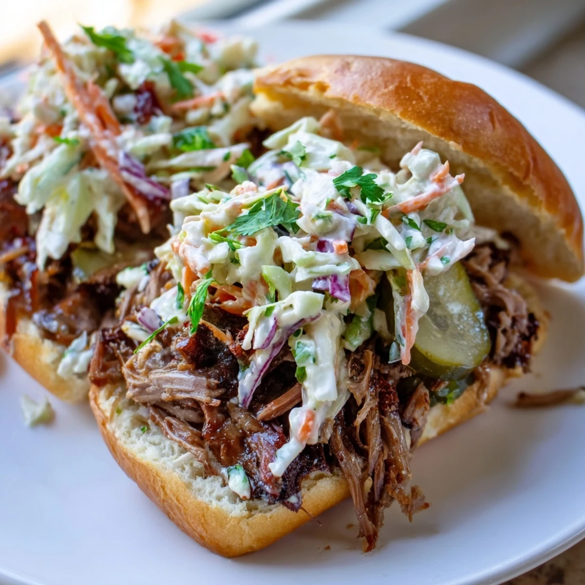 Slow cooked beef brisket sliders on soft buns, piled high with tender, smoky shredded beef.