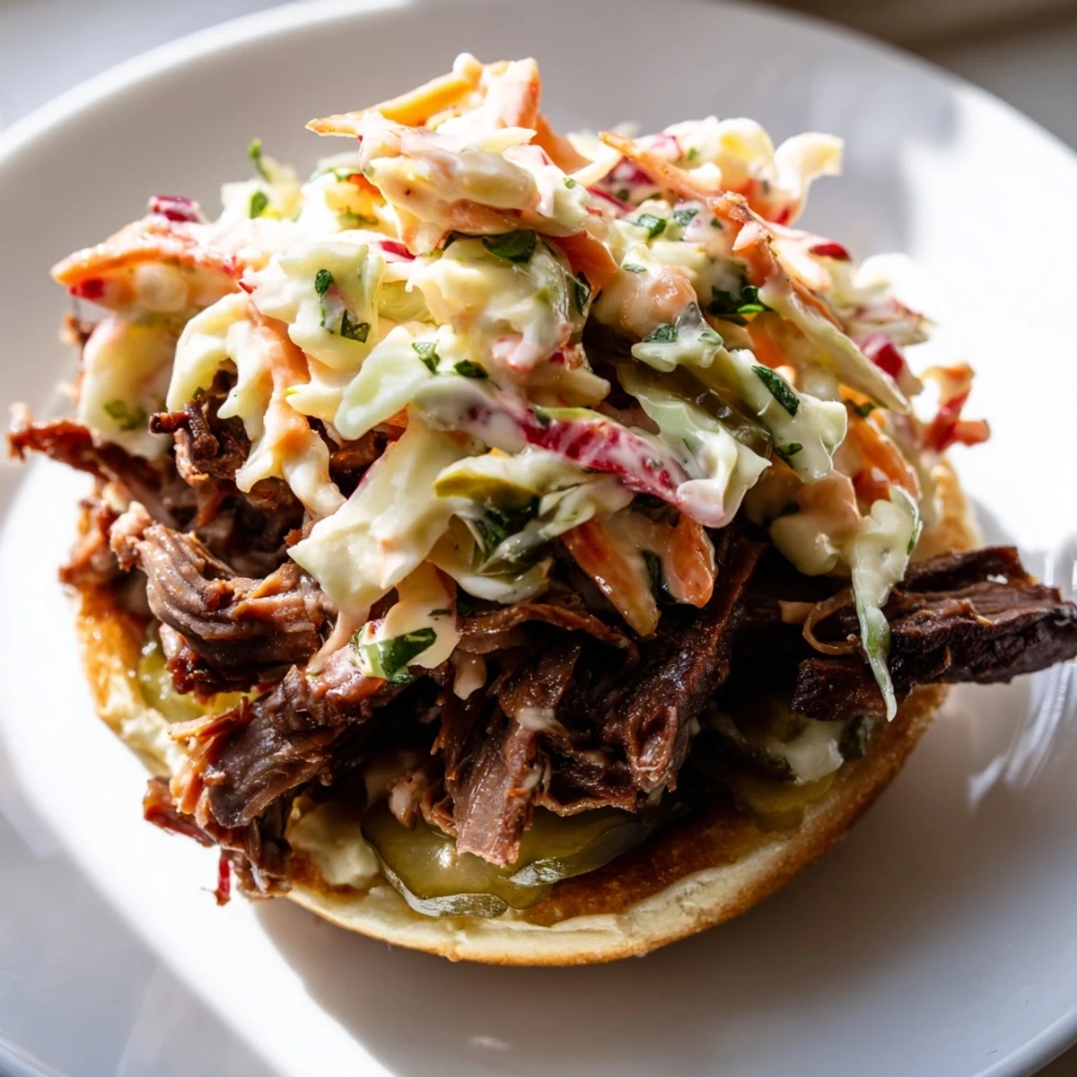 Beef brisket sliders topped with crisp, tangy coleslaw and pickles, served on toasted buns.