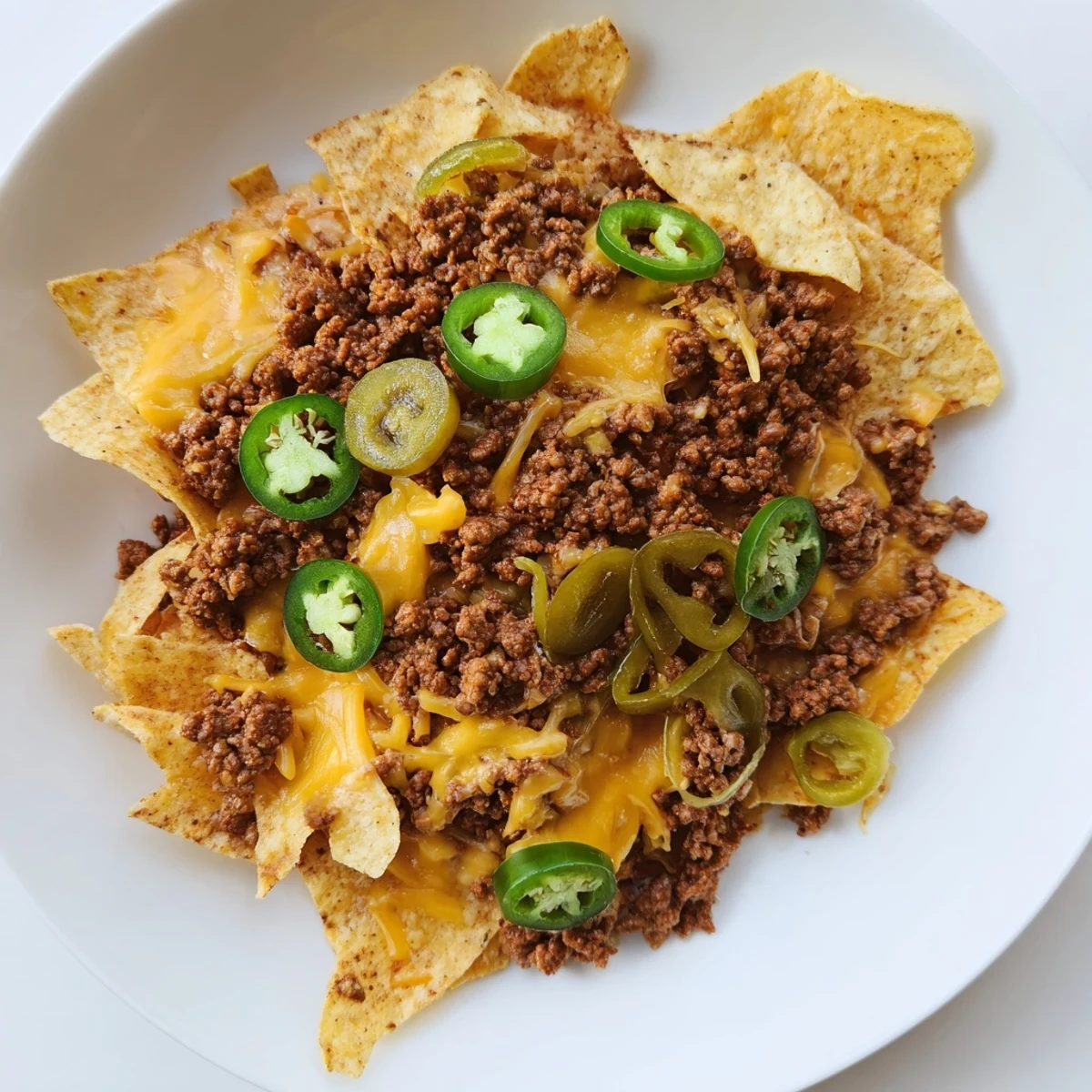 A close-up view shows baked Spicy Beef Nacho Platter with colorful toppings like sour cream, diced tomatoes, and cilantro on a rustic table.