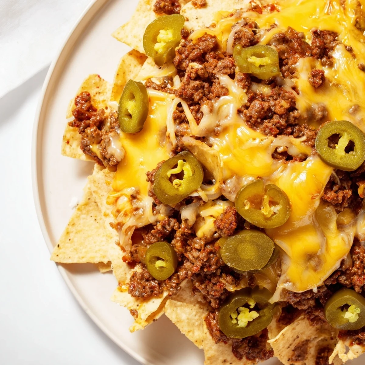 Golden, bubbly cheese melts over a hefty pile of crispy tortilla chips loaded with spicy beef and fresh jalapeños on this Spicy Beef Nacho Platter.