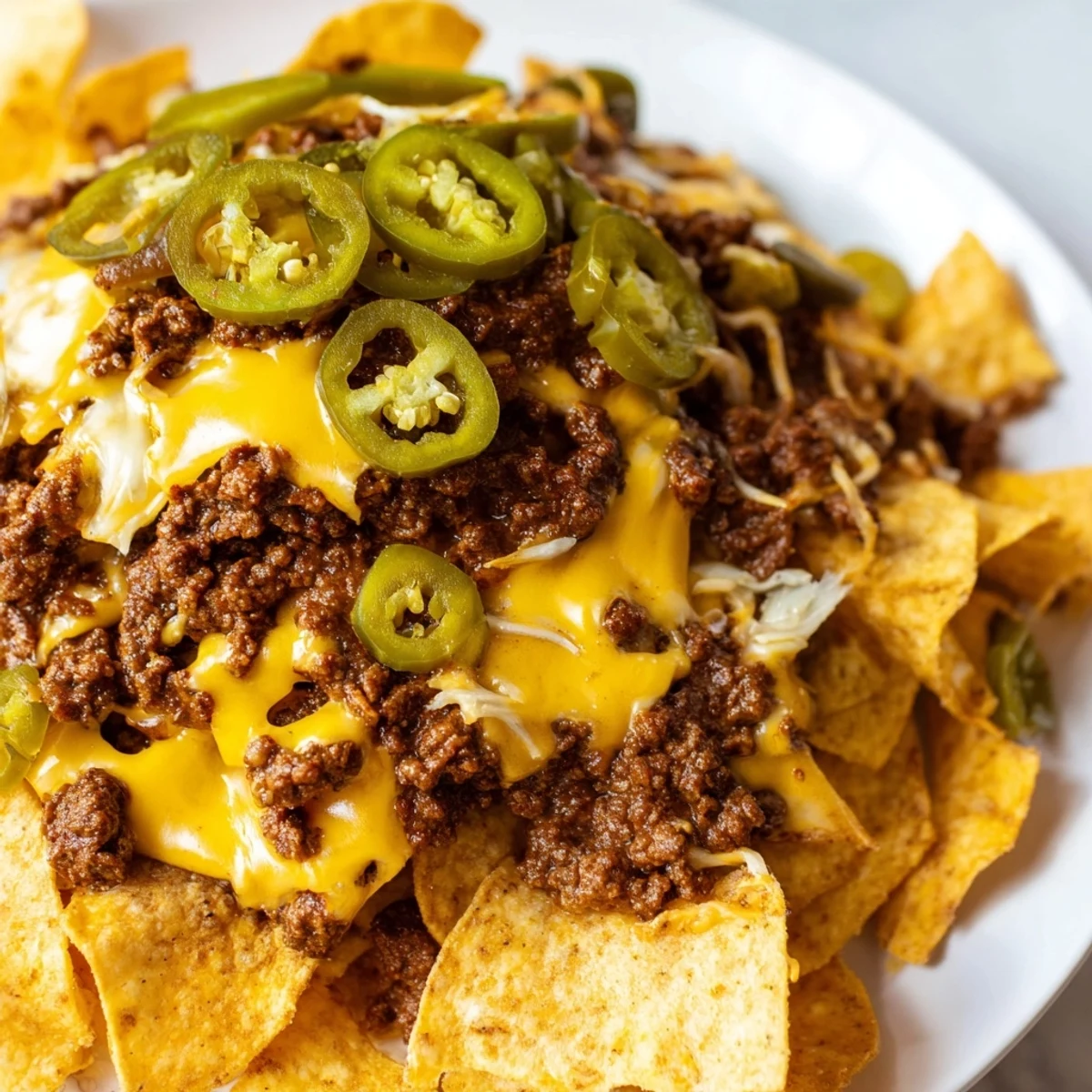 Sizzling ground beef and melted cheese top chips in a Spicy Beef Nacho Platter, garnished with fresh and pickled jalapeños for a festive snack.