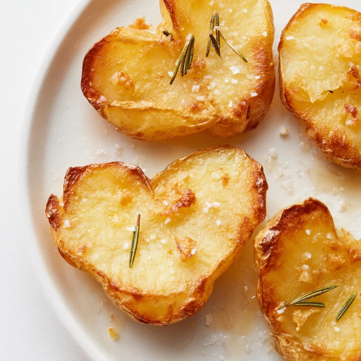 Golden-brown roasted heart shaped potatoes with fresh rosemary on a parchment-lined tray, crisp edges and fluffy centers.