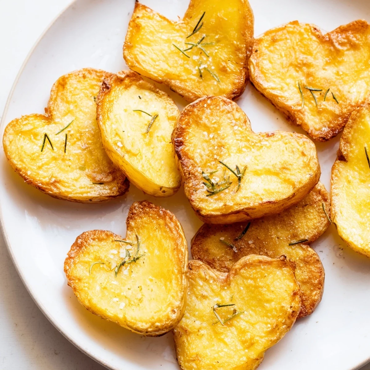 A close-up of heart shaped potatoes with rosemary and minced garlic, glistening with olive oil before serving.
