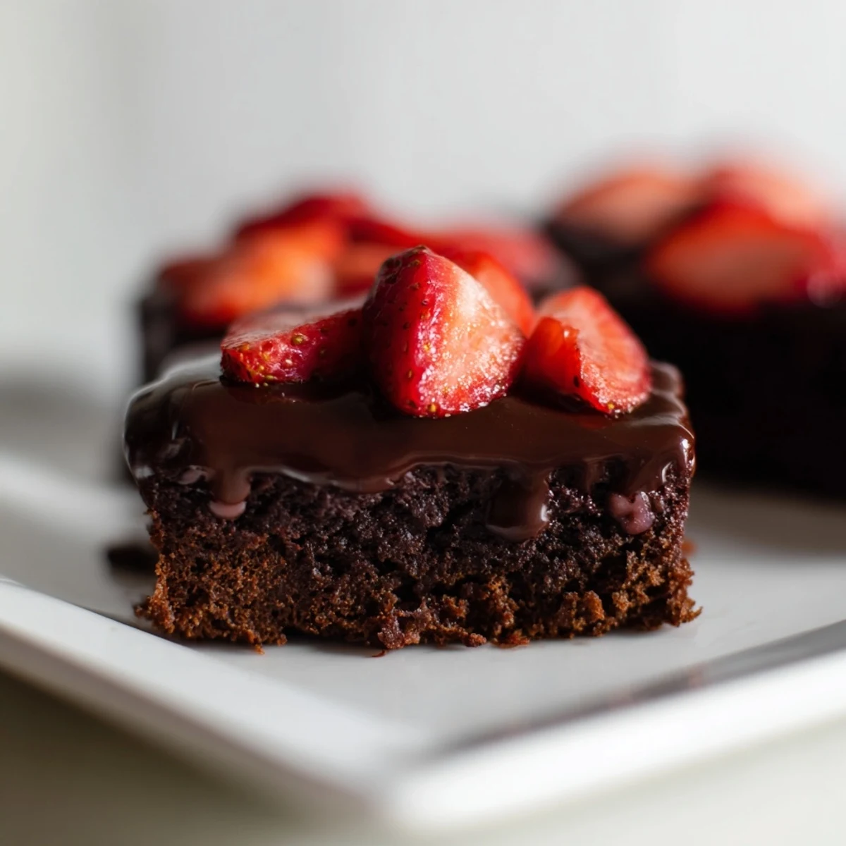 Square Chocolate Covered Strawberry Brownies with glossy ganache and fresh berry halves on a marble counter.