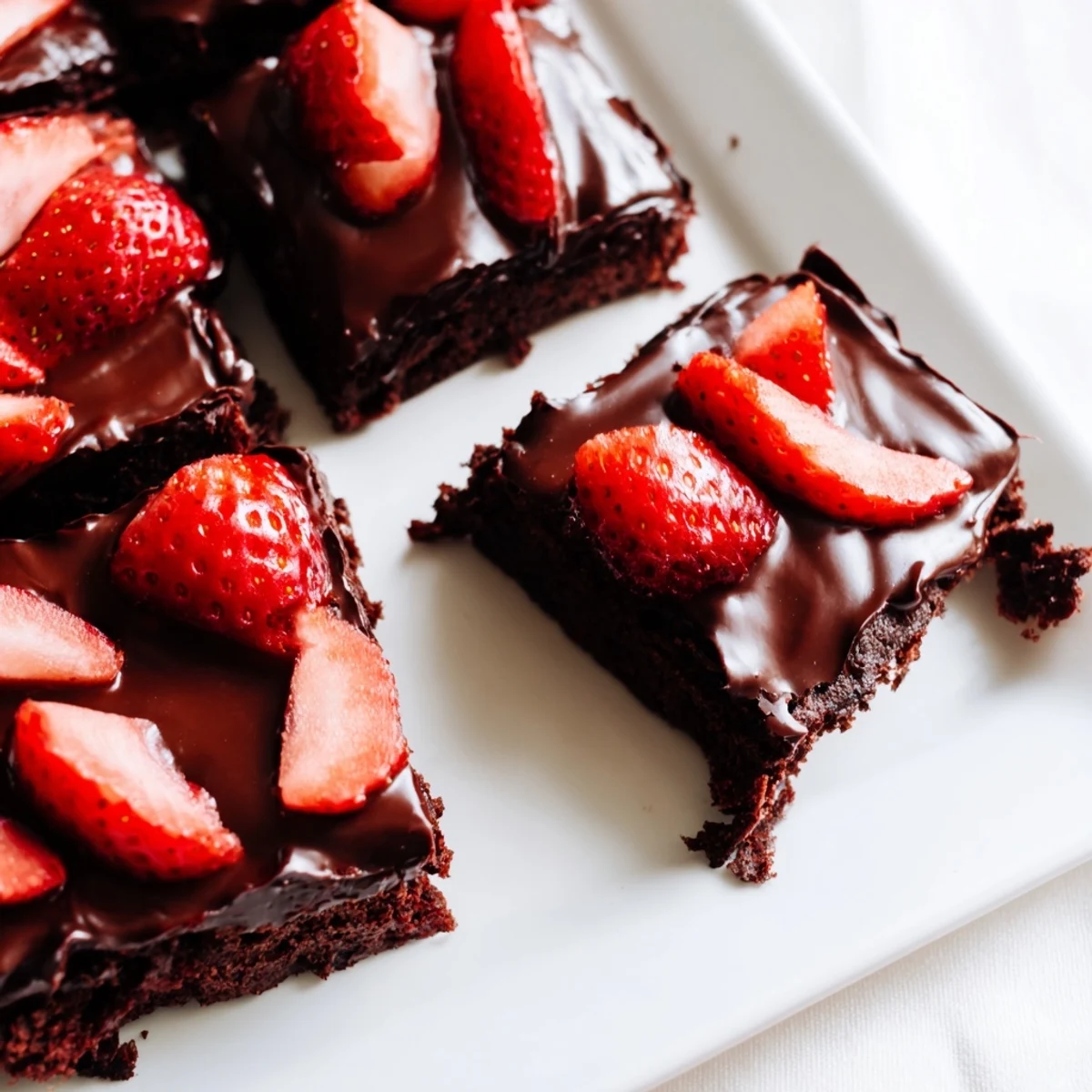 Warm Chocolate Covered Strawberry Brownies served with whipped cream for an elegant dessert plating.