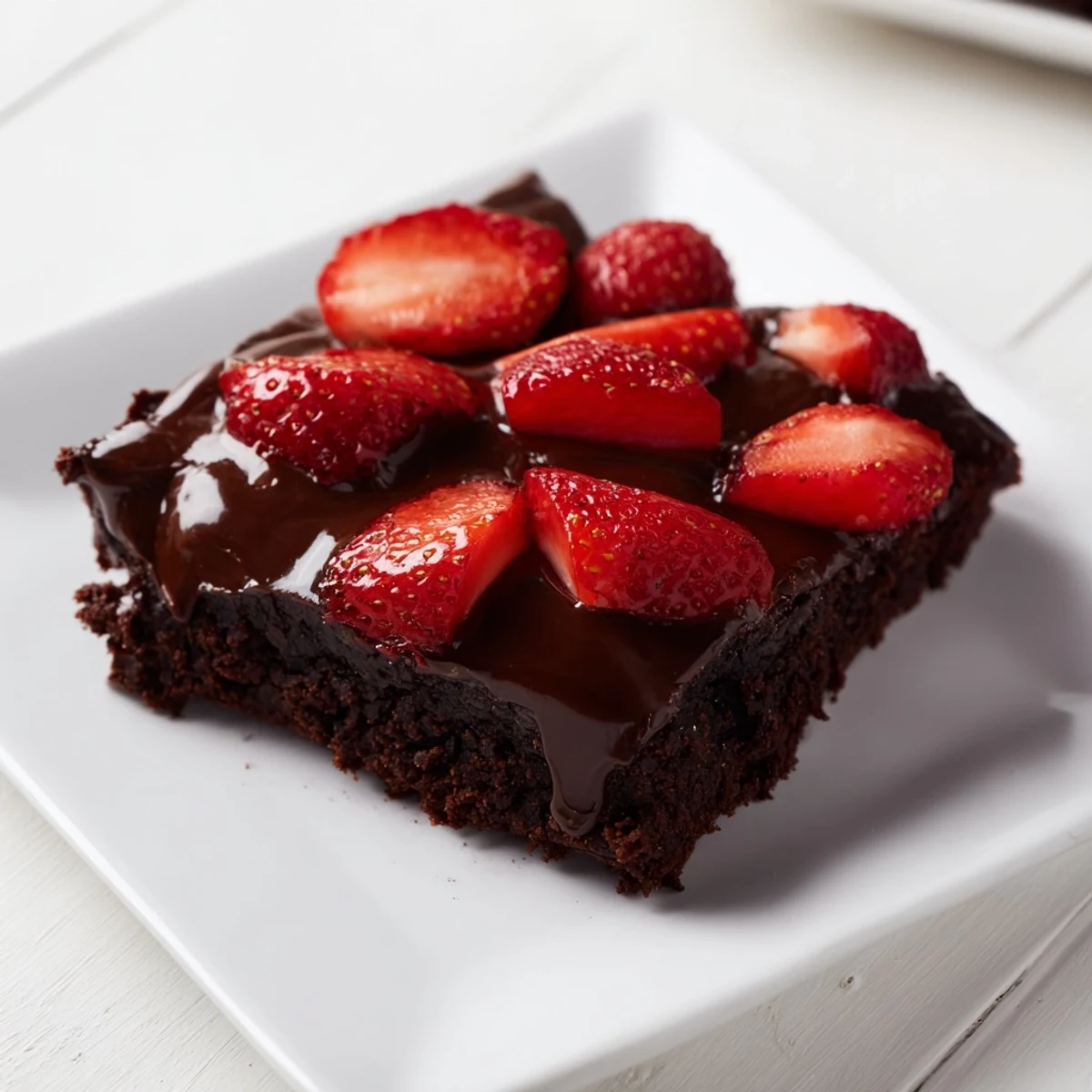 Close-up of Chocolate Covered Strawberry Brownies showing fudgy texture, shiny chocolate layer, and juicy strawberries.
