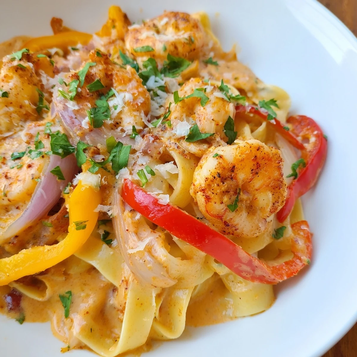 Creamy Cajun Shrimp Pasta with Bell Peppers is plated with parsley, showcasing the rich, creamy sauce clinging to fettuccine.