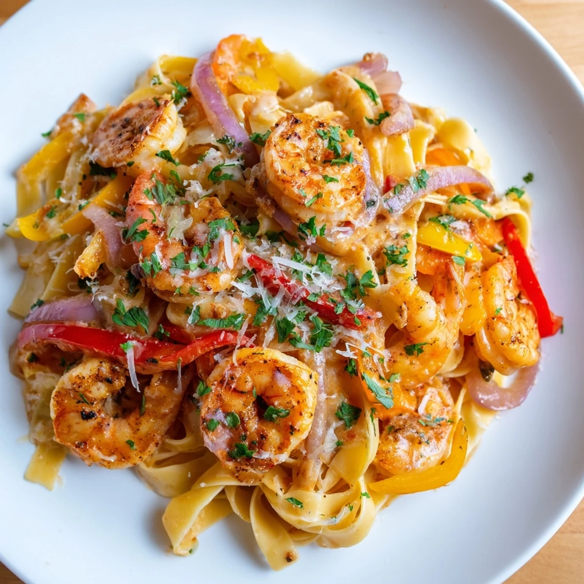 Tender shrimp and sautéed bell peppers in a spicy, cheesy sauce make this Creamy Cajun Shrimp Pasta with Bell Peppers look appetizing.