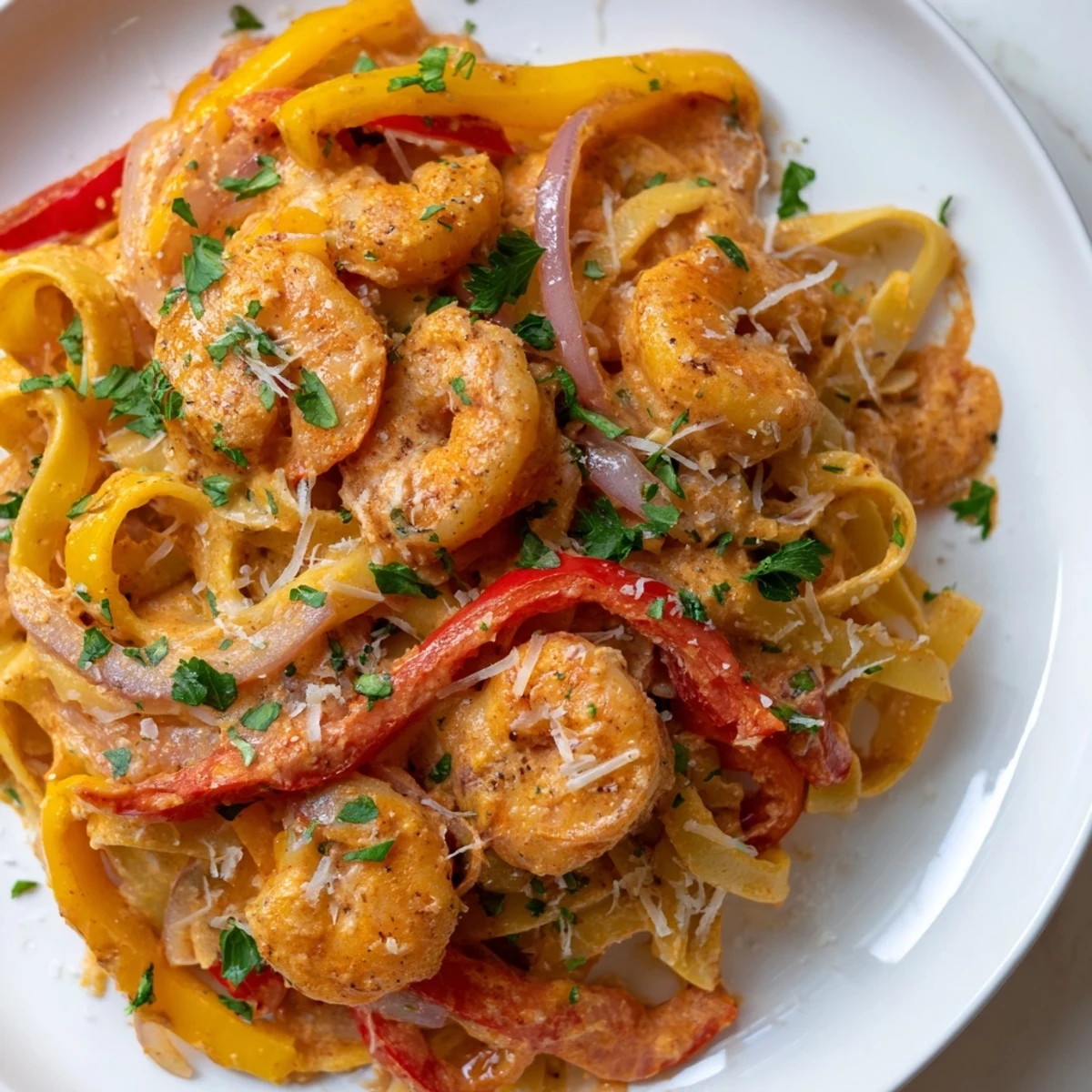 A skillet of Creamy Cajun Shrimp Pasta with Bell Peppers steams beside a glass of crisp white wine.