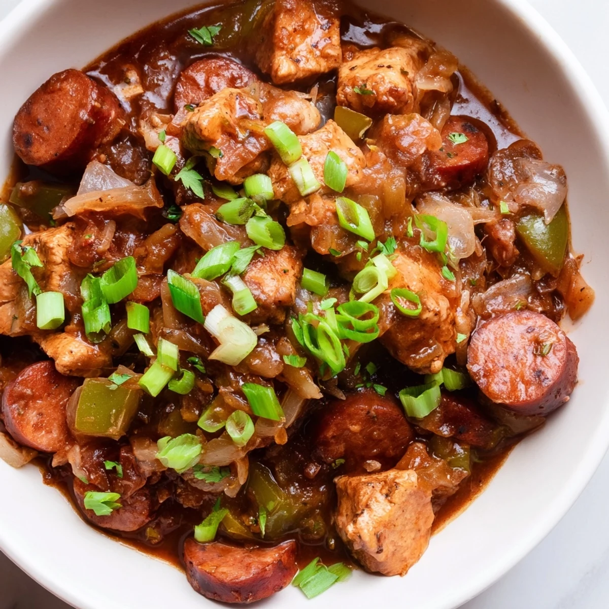 Hearty Chicken and Beef Sausage Gumbo simmering in a Dutch oven, releasing steam with a rich, deep-brown roux and spicy Cajun aroma.