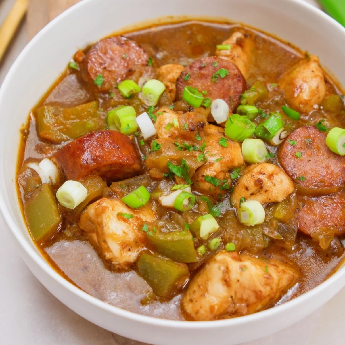 A rustic pot of Chicken and Beef Sausage Gumbo on a wooden table, ready to be enjoyed with crusty French bread and a cold beer.