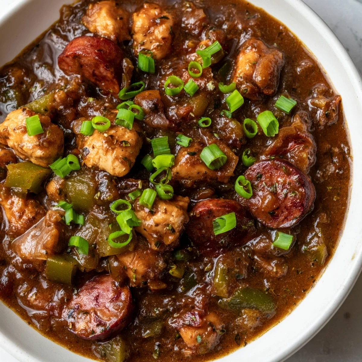 A freshly ladled bowl of Chicken and Beef Sausage Gumbo served over fluffy white rice, topped with bright green onions and parsley.