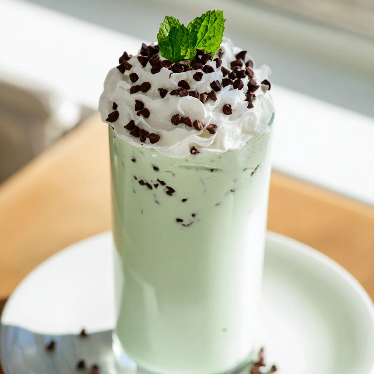 Two tall glasses of Mint Chocolate Chip Milkshake topped with fluffy whipped cream, chocolate shavings, and fresh mint, ready to sip with straws.