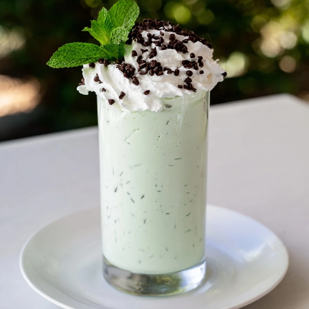 Creamy Mint Chocolate Chip Milkshake with whipped cream and chocolate chips in a frosty glass, perfect for a refreshing homemade dessert.
