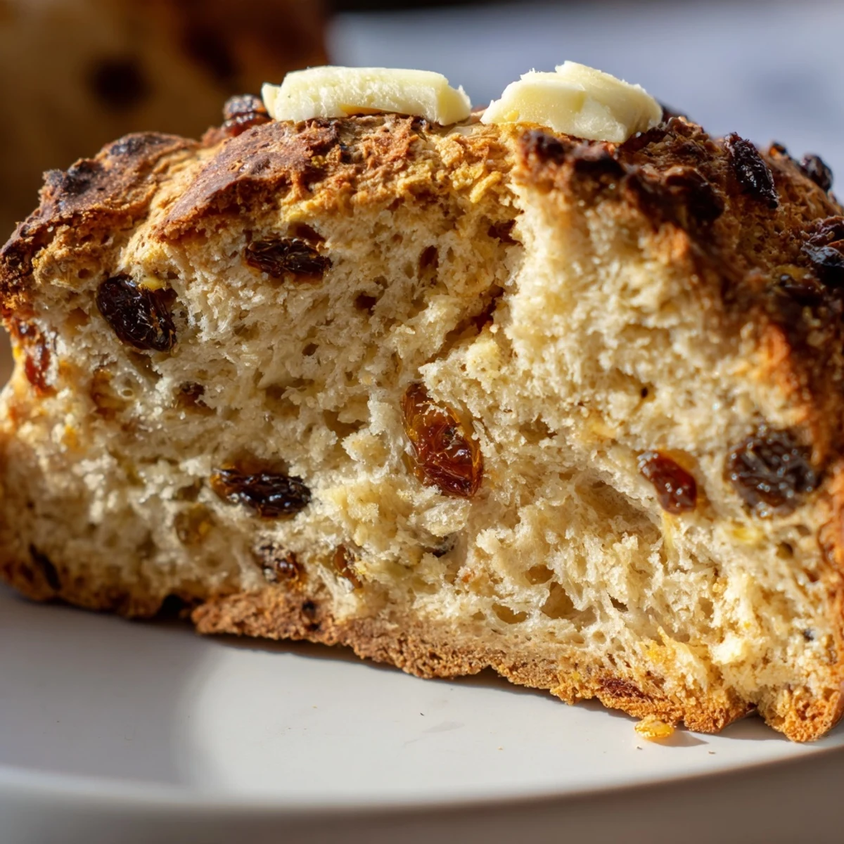 Thick slices of Irish Soda Bread with Raisins and Caraway served with butter and jam on a cozy breakfast table, revealing tender crumb.