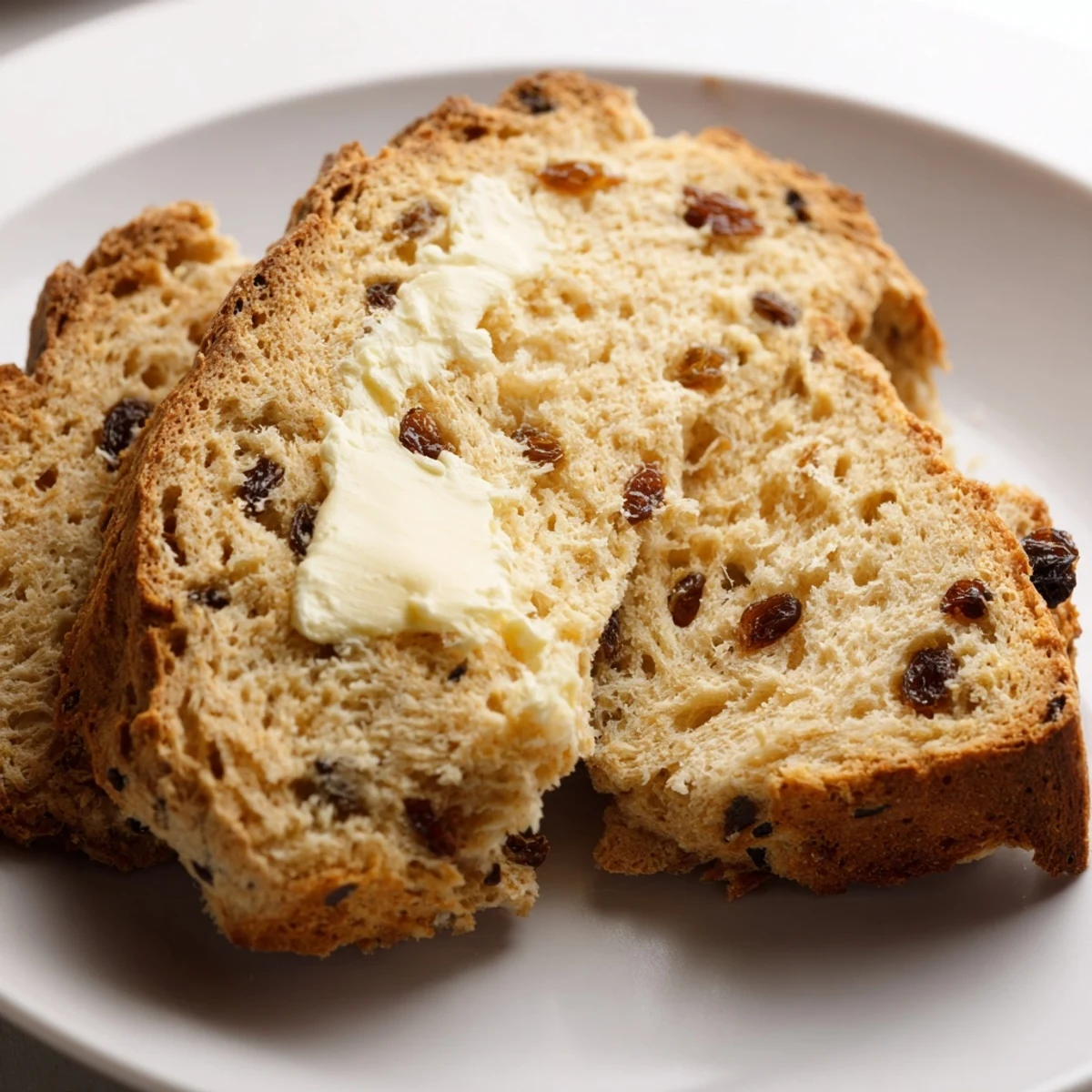A freshly baked Irish Soda Bread with Raisins and Caraway on a rustic wooden cutting board, showcasing the golden-brown crust and cross cut.