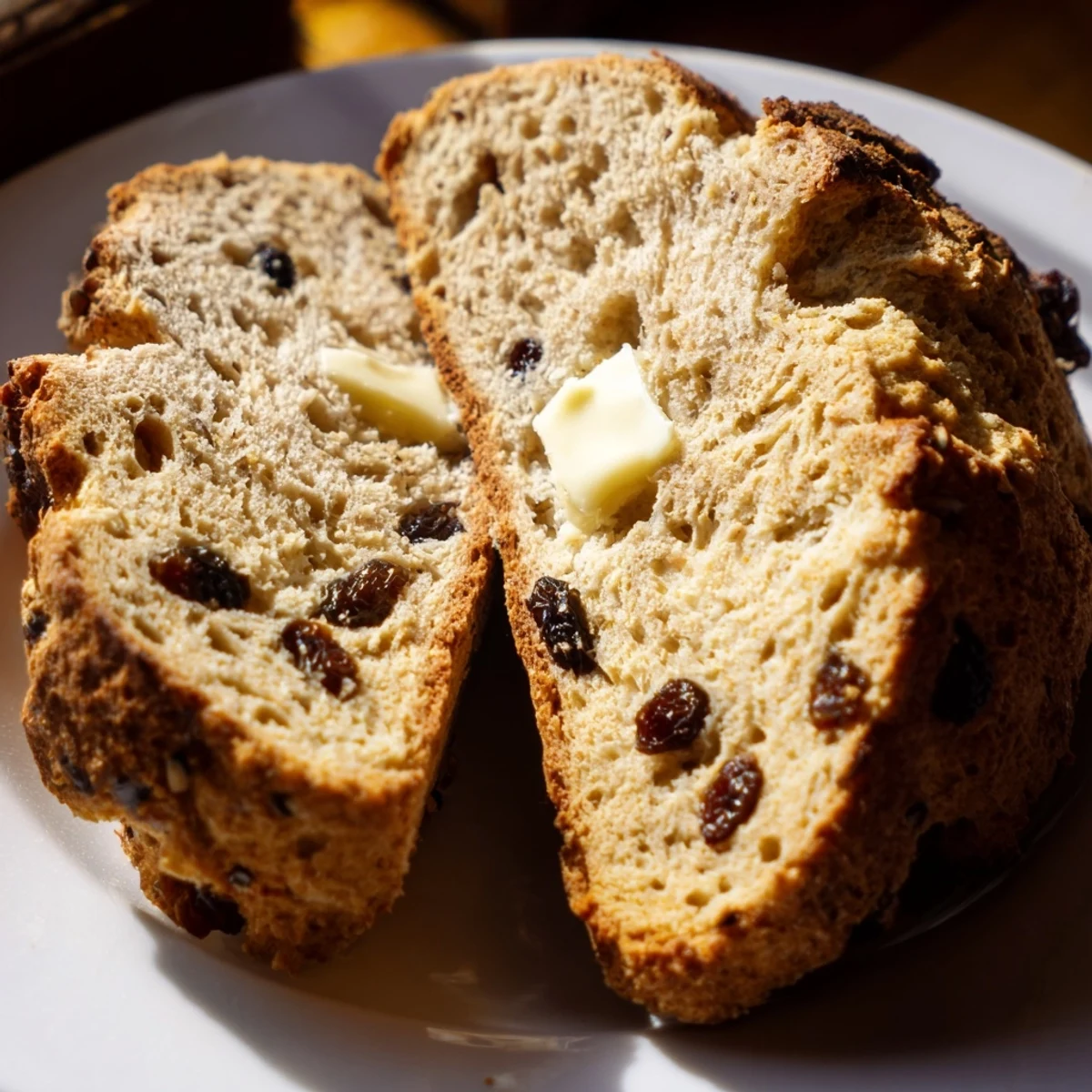 Warm Irish Soda Bread with Raisins and Caraway resting on a wire rack, steam rising from the golden crust and aromatic seeds.